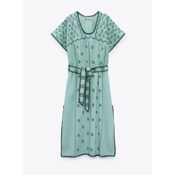 NWT Zara Blue Green Embroidered Belted Tunic Midi Dress, Size Small - Picture 6 of 14